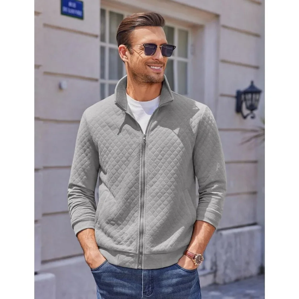 COOFANDY Men  Light Grey Zip Up Mock Neck Quilted Lightweight Sweater Jacket